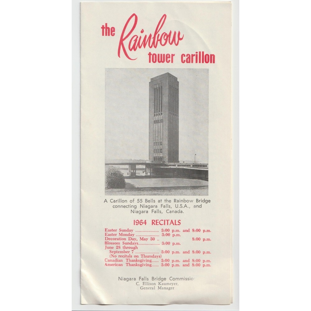 Vintage 1964 Niagara Falls Rainbow Tower Carillon Rainbow Bridge Recital Program - Picture 1 of 3
